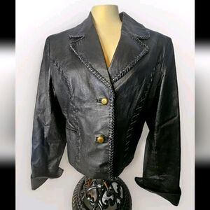 Leather Gallery Womens Black Genuine Leather Jacket Blazer Braided Accents Sz M